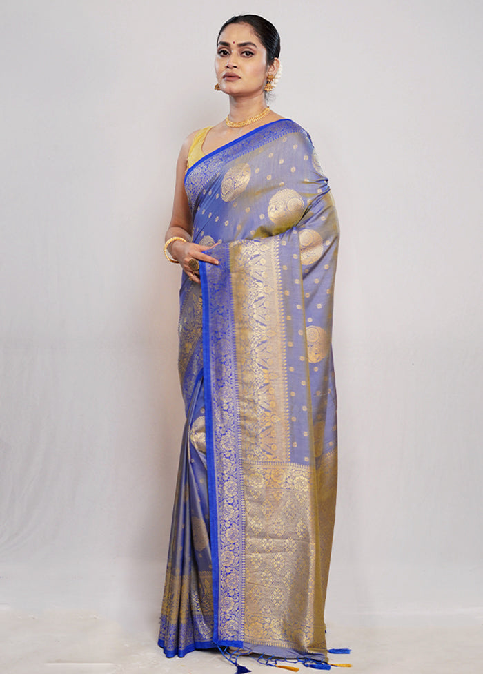 Blue Dupion Silk Saree With Blouse Piece