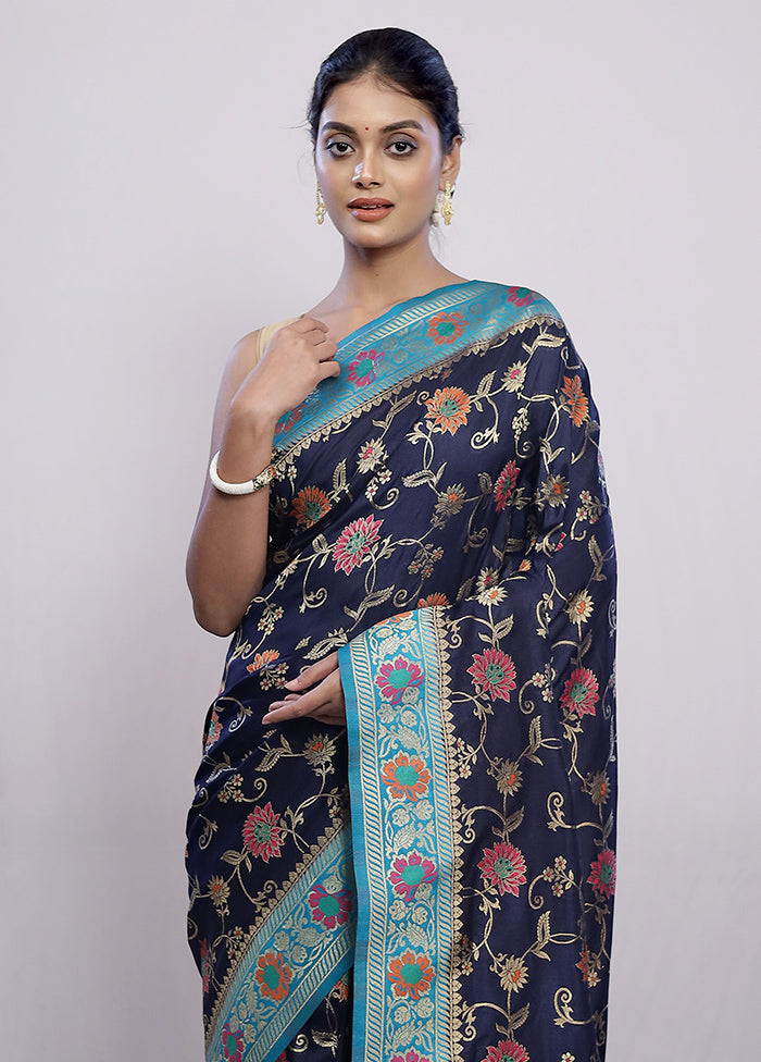 Blue Dupion Silk Saree With Blouse Piece