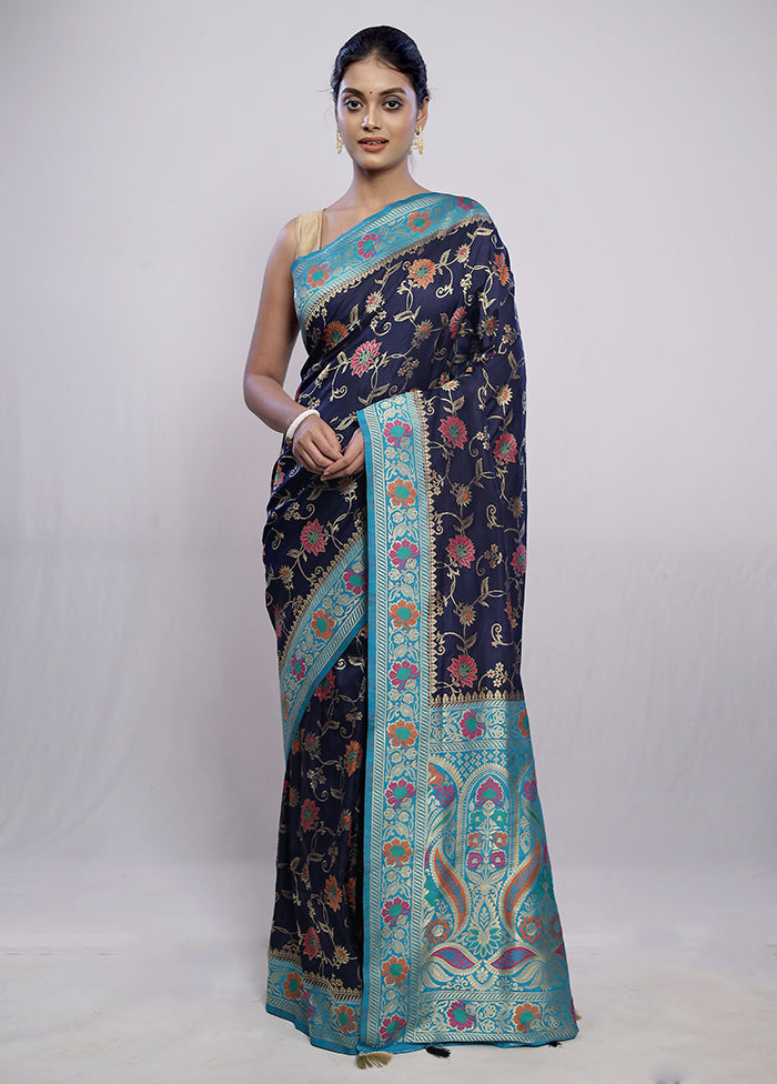 Blue Dupion Silk Saree With Blouse Piece