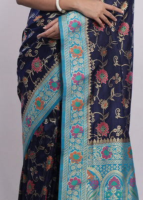 Blue Dupion Silk Saree With Blouse Piece