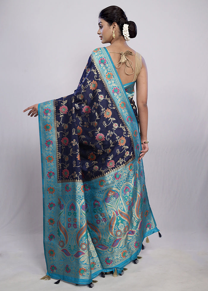 Blue Dupion Silk Saree With Blouse Piece