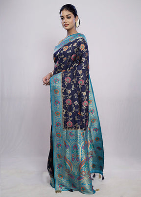 Blue Dupion Silk Saree With Blouse Piece