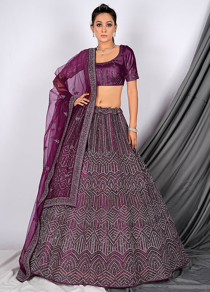 3 Pc Wine Net Semi Stitched Lehenga Set