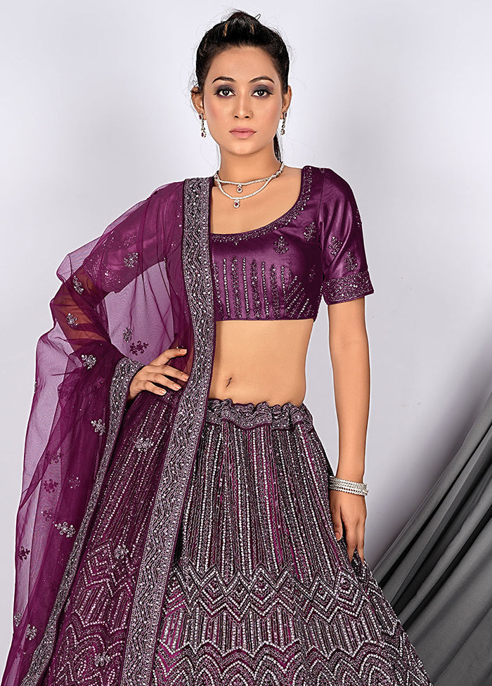 3 Pc Wine Net Semi Stitched Lehenga Set