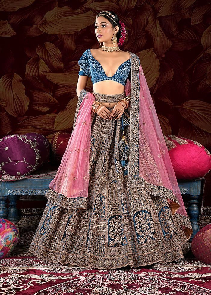 3 Pc Peach Velvet Semi Stitched Lehenga Set