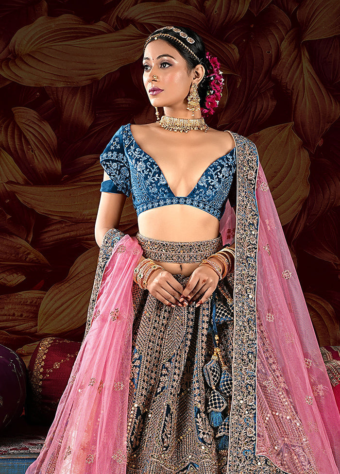 3 Pc Peach Velvet Semi Stitched Lehenga Set