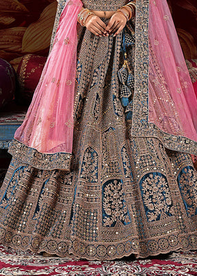 3 Pc Peach Velvet Semi Stitched Lehenga Set