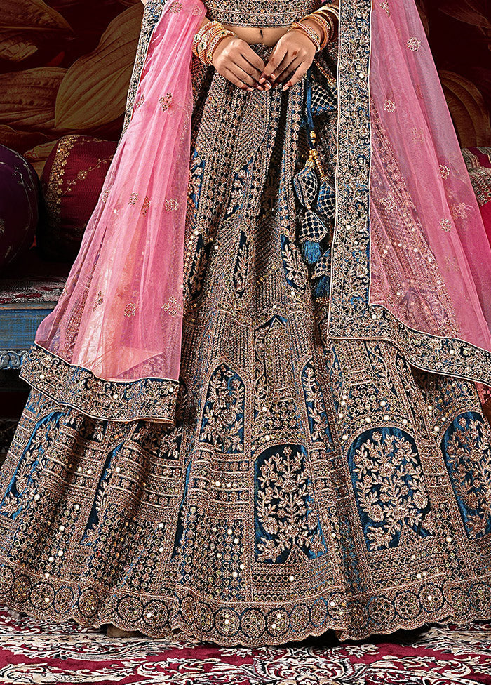 3 Pc Peach Velvet Semi Stitched Lehenga Set