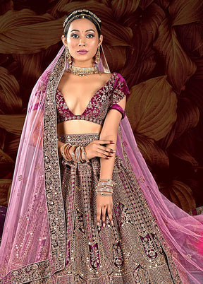 3 Pc Purple Velvet Semi Stitched Lehenga Set