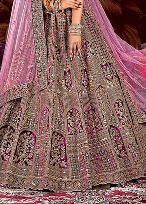 3 Pc Purple Velvet Semi Stitched Lehenga Set