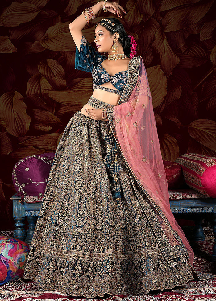 3 Pc Peach Velvet Semi Stitched Lehenga Set