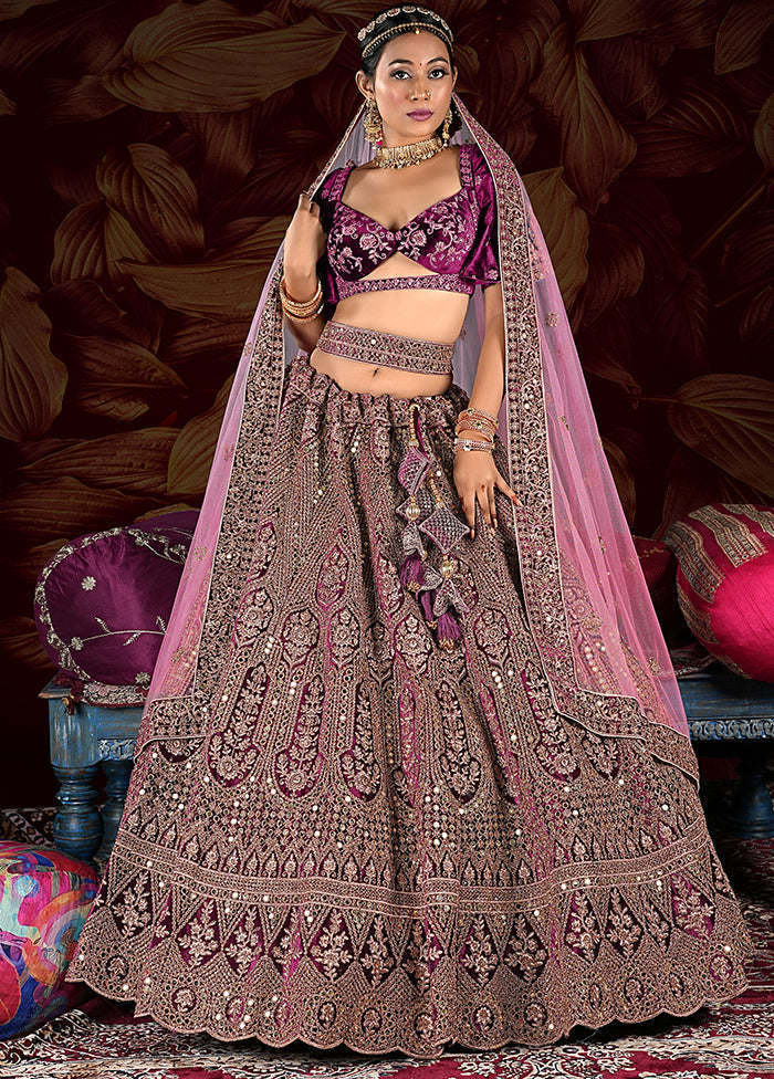 3 Pc Purple Velvet Semi Stitched Lehenga Set