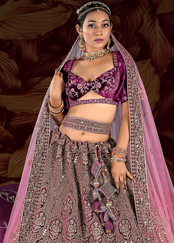 3 Pc Purple Velvet Semi Stitched Lehenga Set