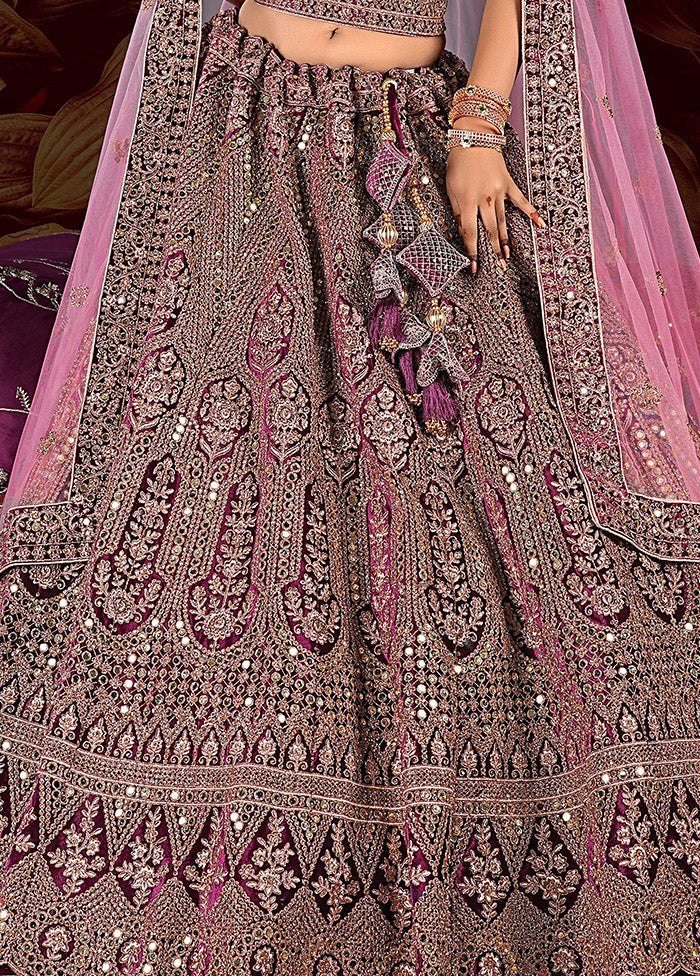 3 Pc Purple Velvet Semi Stitched Lehenga Set