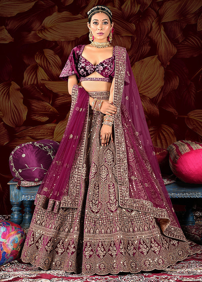 3 Pc Wine Velvet Semi Stitched Lehenga Set