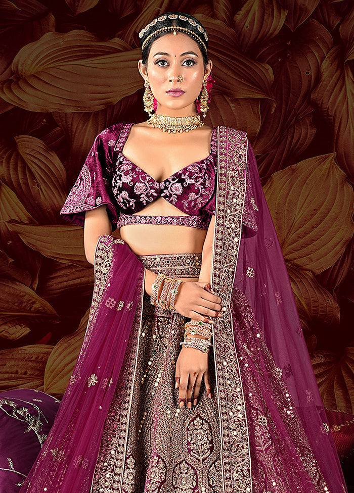 3 Pc Wine Velvet Semi Stitched Lehenga Set