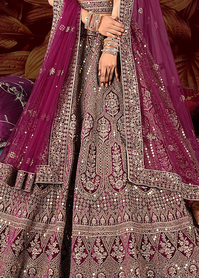 3 Pc Wine Velvet Semi Stitched Lehenga Set