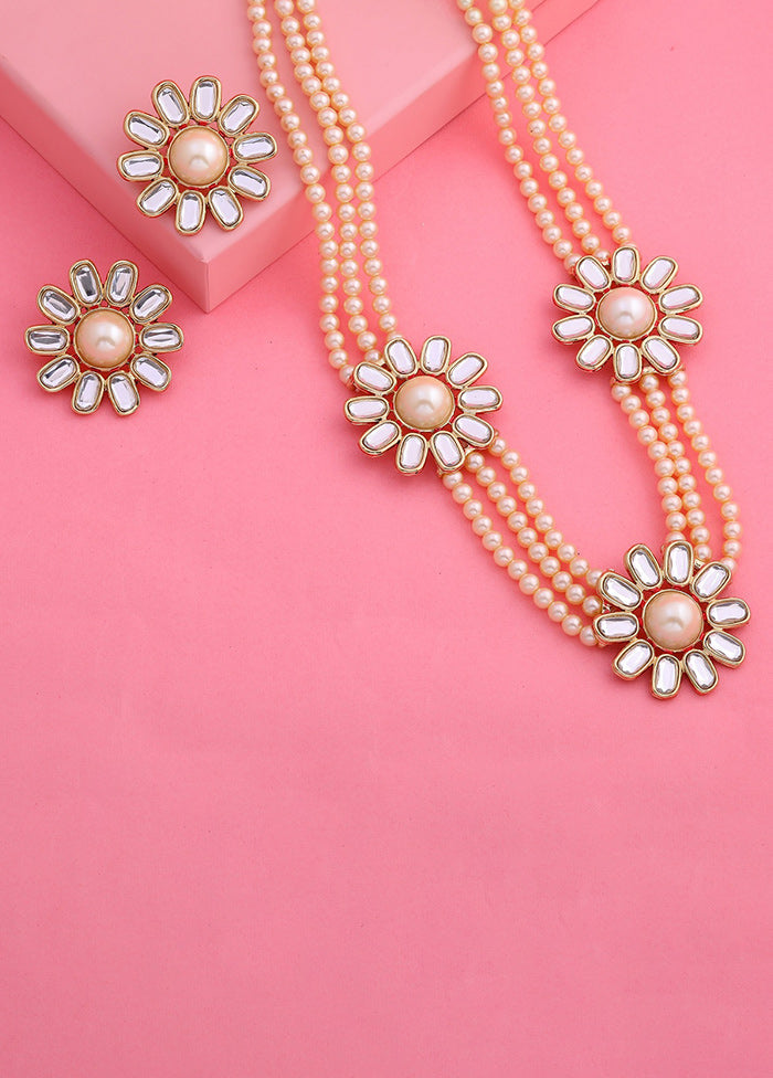 Gold Plated Three Daisy Flower Kundan Pearl Necklace Set