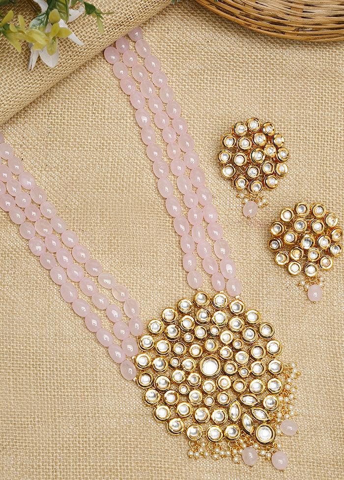 Gold Plated Choker Jewellery Set With Pink Beads