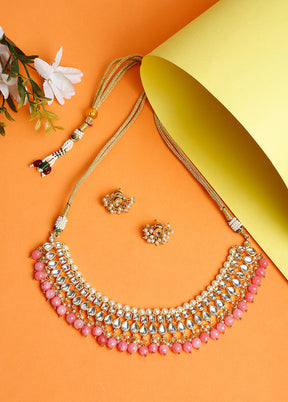 Gold Plated Kundan Jewellery Set With Pink Beads