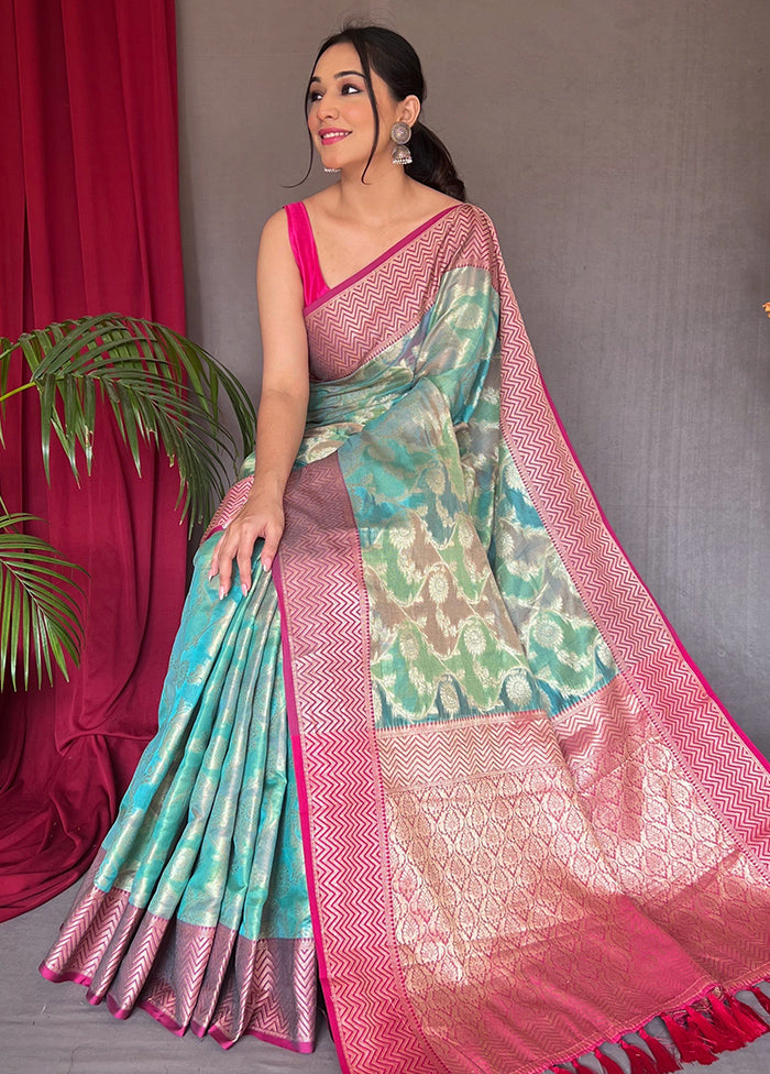 Rama Spun Silk Zari Work Saree With Blouse