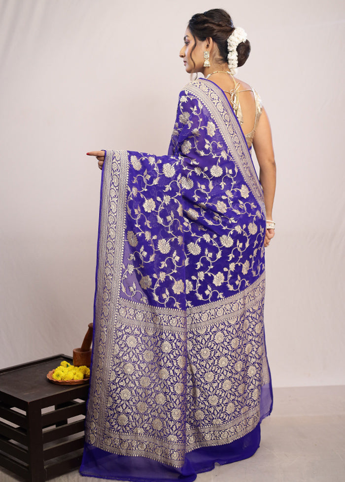 Royal Blue Chiffon Pure Silk Saree With Blouse Piece