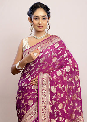 Magenta Chiffon Pure Silk Saree With Blouse Piece