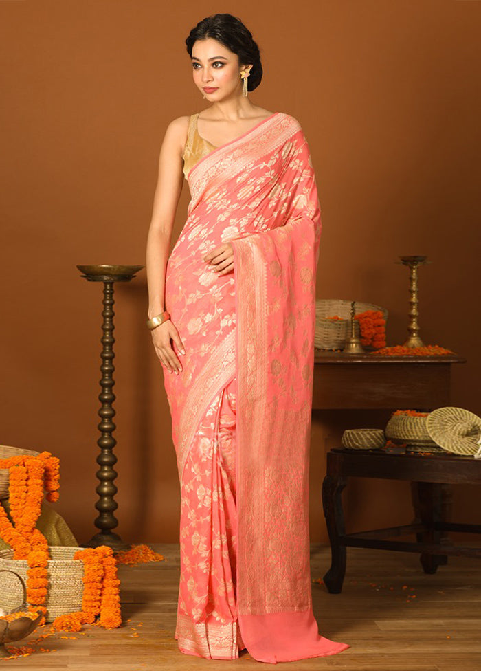 Pink Chiffon Pure Silk Saree With Blouse Piece