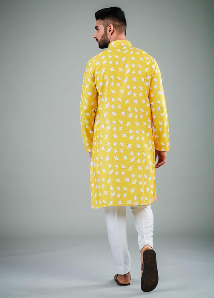 2 Pc Yellow Dupion Silk Kurta Pajama Set