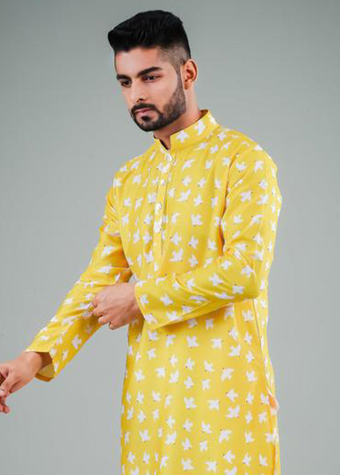 2 Pc Yellow Dupion Silk Kurta Pajama Set