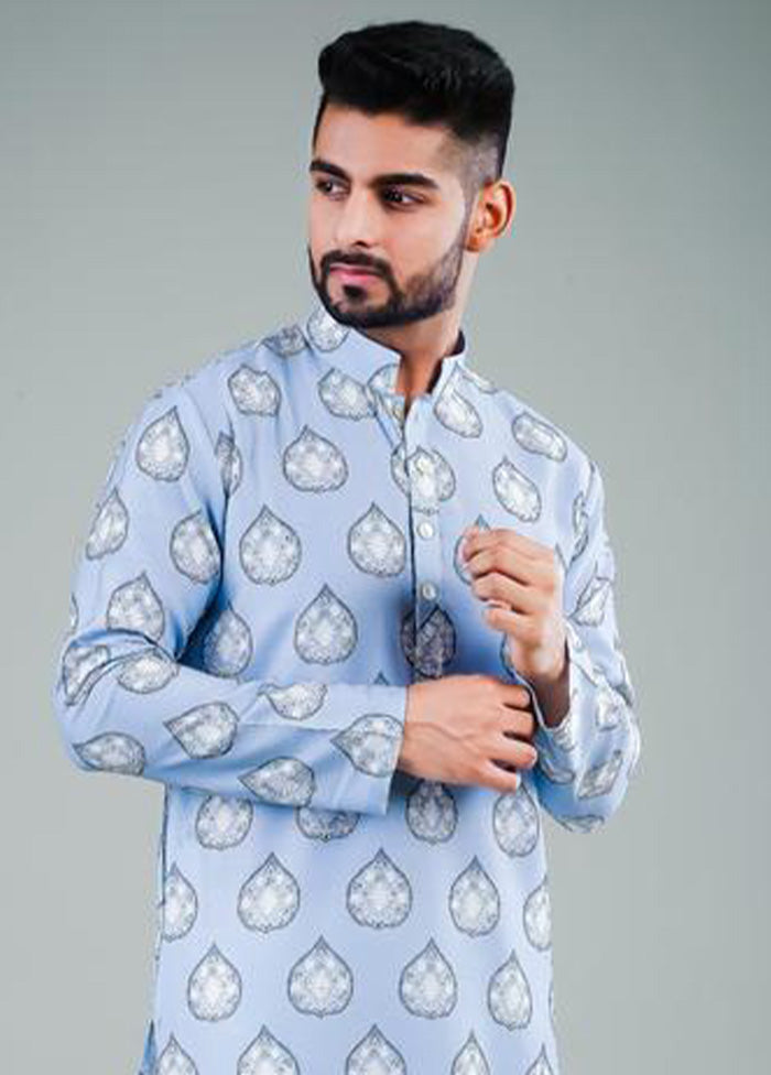 2 Pc Sky Blue Dupion Silk Kurta Pajama Set