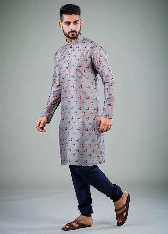 2 Pc Grey Dupion Silk Kurta Pajama Set