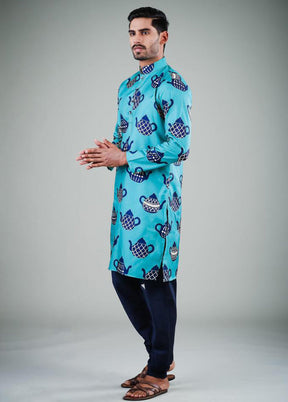 2 Pc Turquoise Dupion Silk Kurta Pajama Set