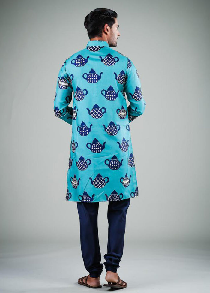 2 Pc Turquoise Dupion Silk Kurta Pajama Set