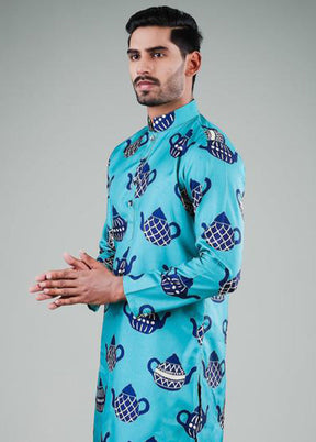 2 Pc Turquoise Dupion Silk Kurta Pajama Set