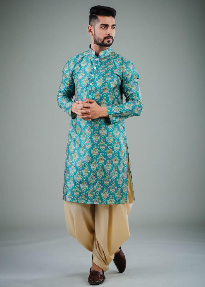 2 Pc Teal Dupion Silk Kurta Dhoti Set