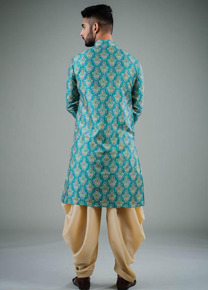 2 Pc Teal Dupion Silk Kurta Dhoti Set