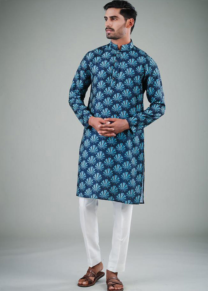 2 Pc Navy Blue Dupion Silk Kurta Pajama Set