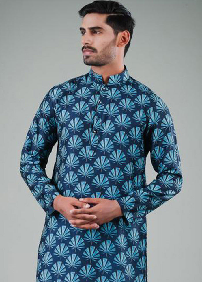 2 Pc Navy Blue Dupion Silk Kurta Pajama Set