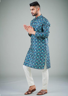 2 Pc Navy Blue Dupion Silk Kurta Pajama Set