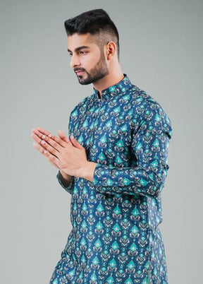 2 Pc Navy Blue Dupion Silk Kurta Pajama Set