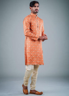 2 Pc Orange Dupion Silk Kurta Pajama Set