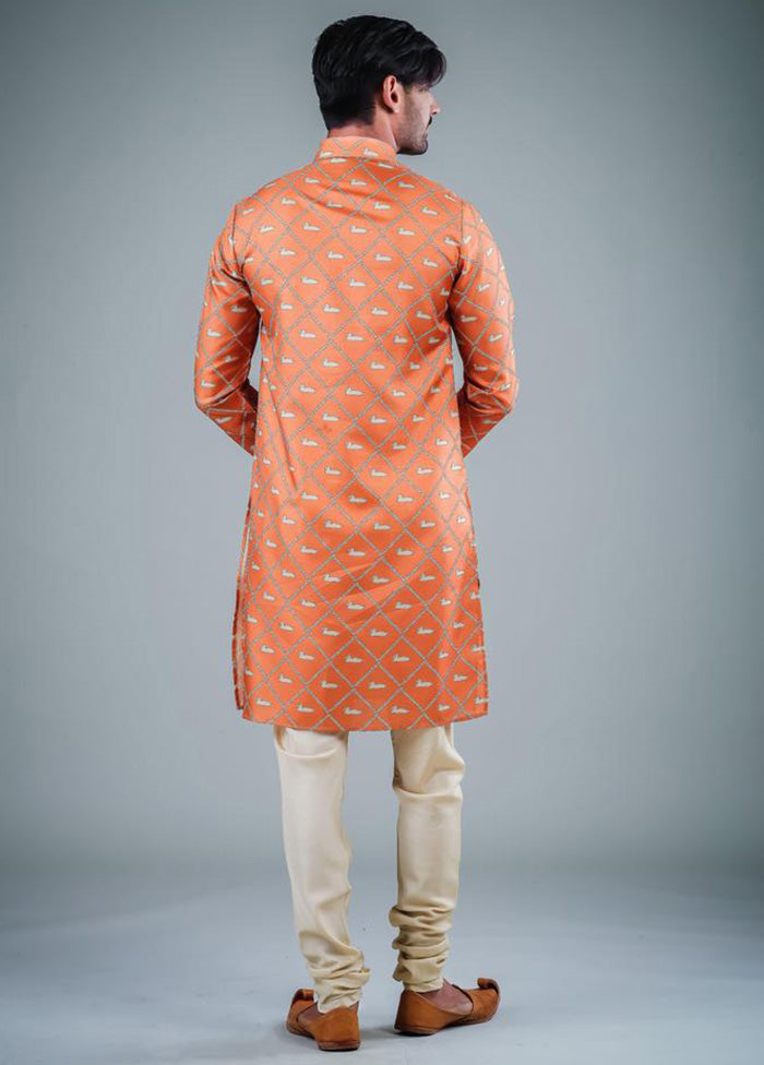 2 Pc Orange Dupion Silk Kurta Pajama Set