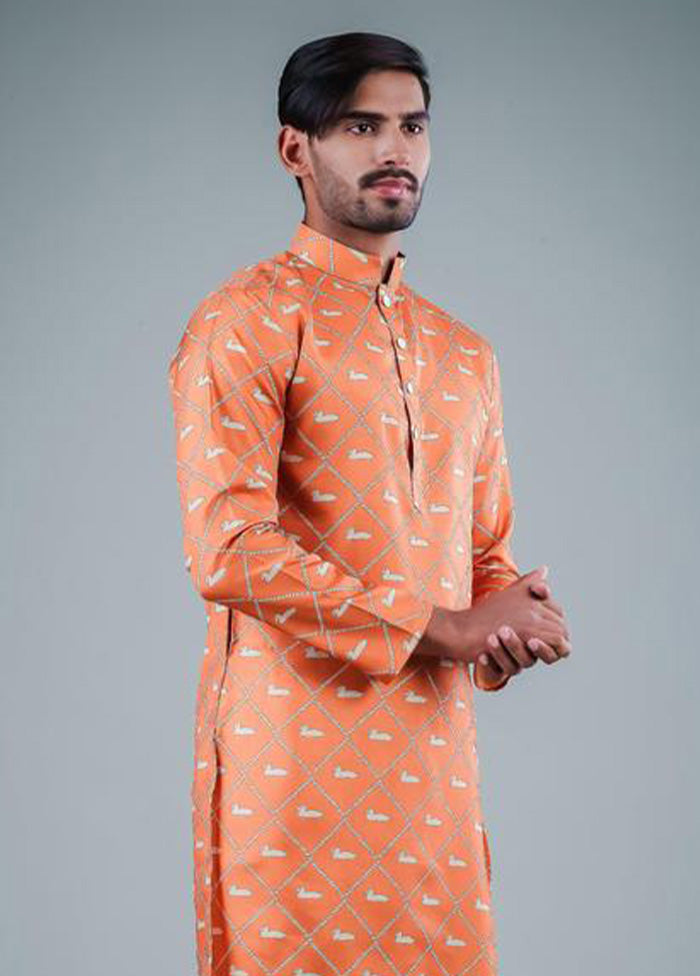 2 Pc Orange Dupion Silk Kurta Pajama Set