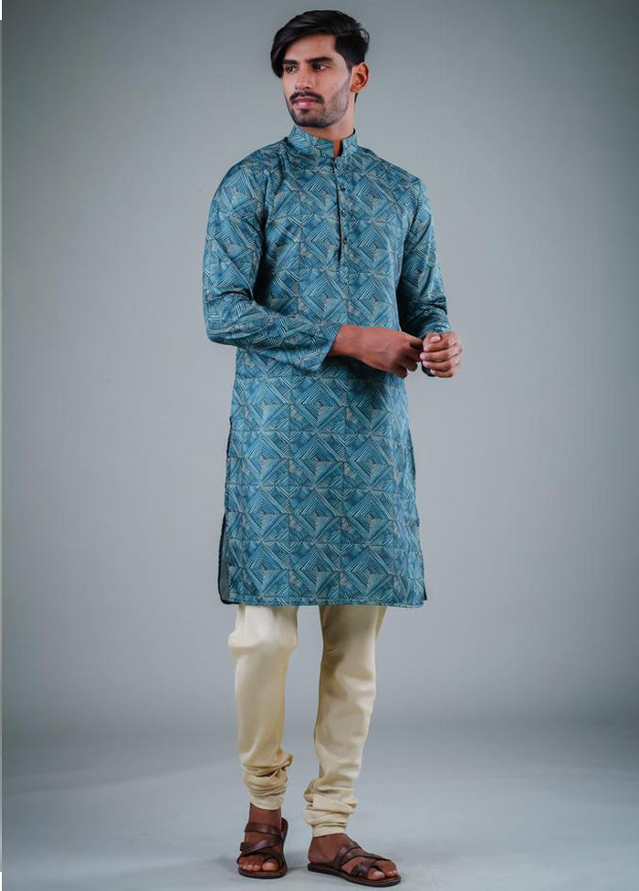 2 Pc Teal Dupion Silk Kurta Pajama Set