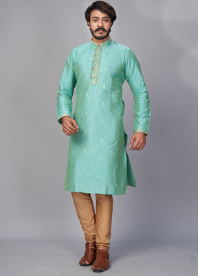 2 Pc Teal Green Dupion Silk Kurta Pajama Set