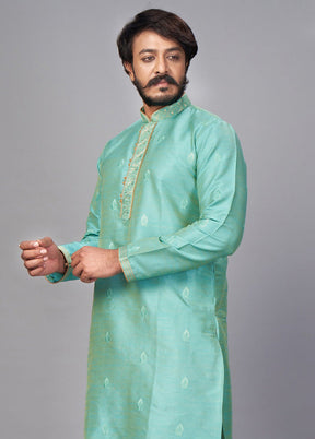 2 Pc Teal Green Dupion Silk Kurta Pajama Set