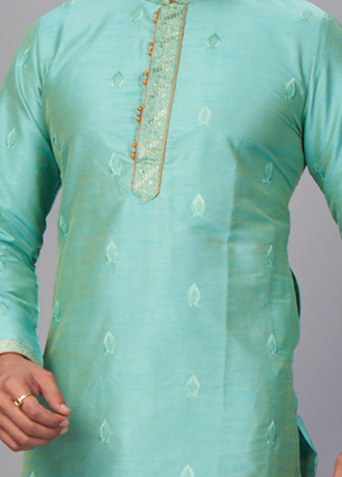 2 Pc Teal Green Dupion Silk Kurta Pajama Set