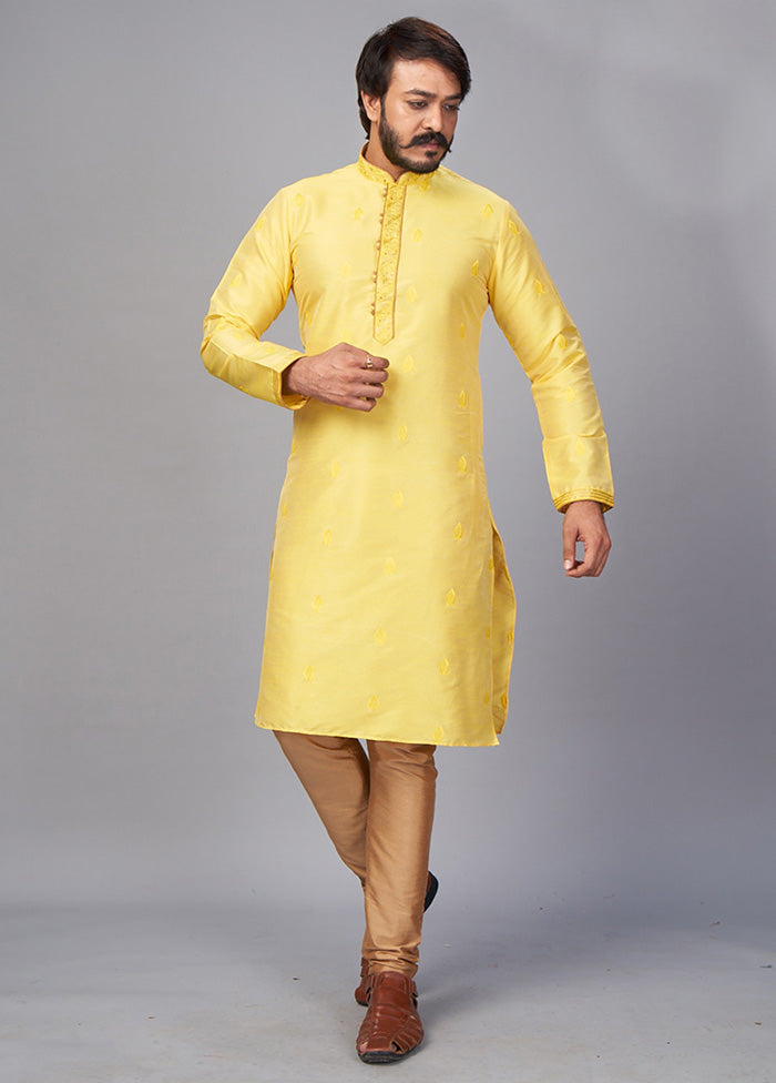 2 Pc Yellow Dupion Silk Kurta Pajama Set