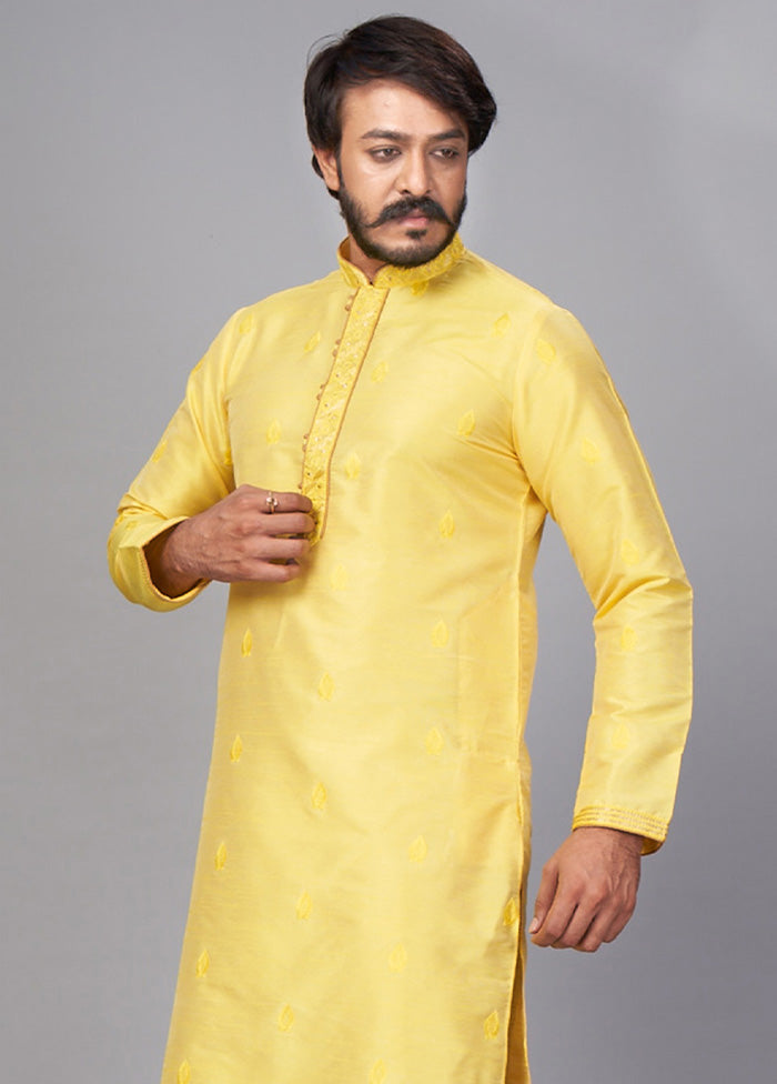 2 Pc Yellow Dupion Silk Kurta Pajama Set